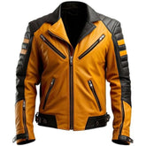 Veste de moto en cuir noir et moutarde vieilli pour homme